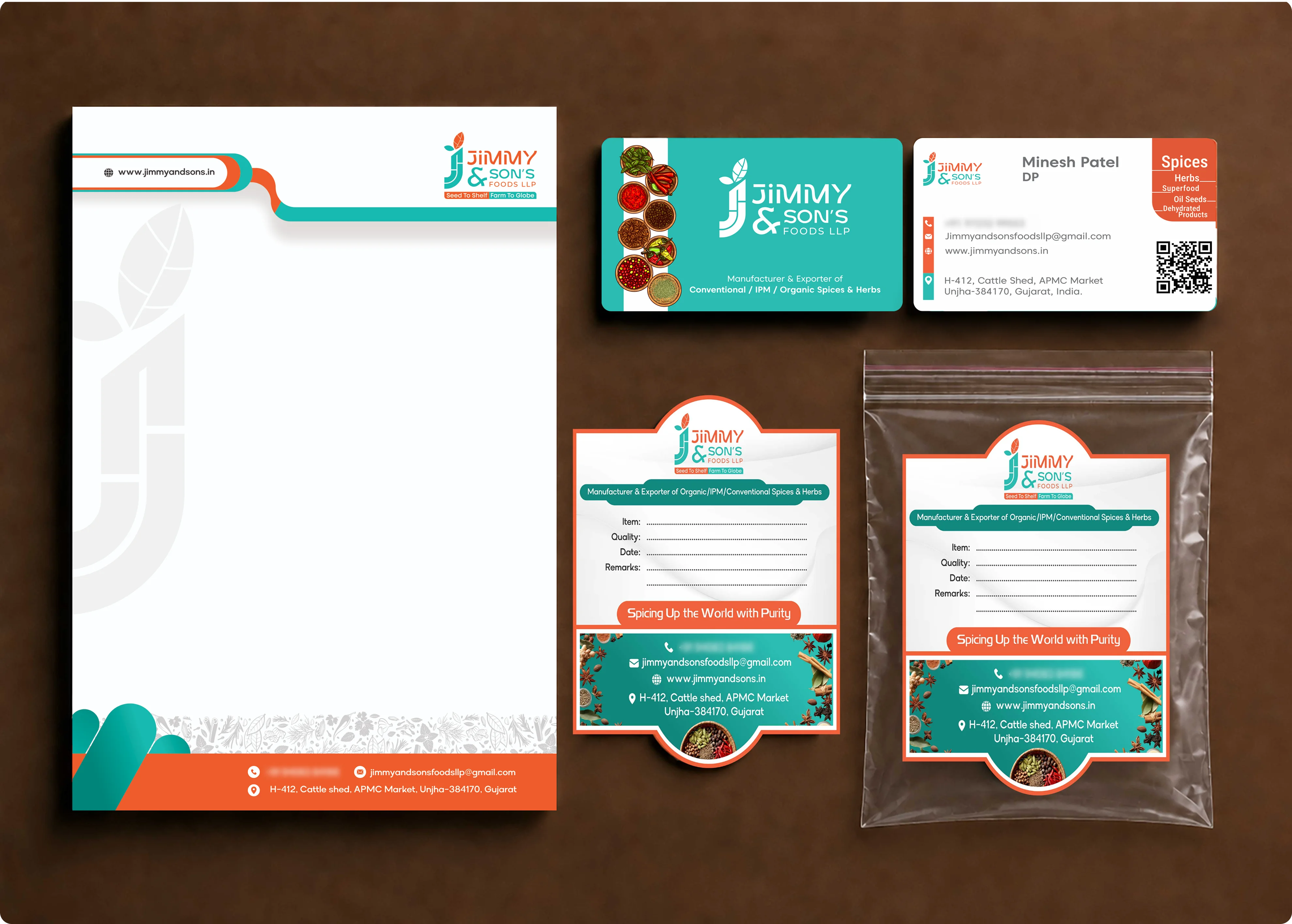 Jimmy and Son's brand identity stationery set — letterhead, business cards, labels and packaging