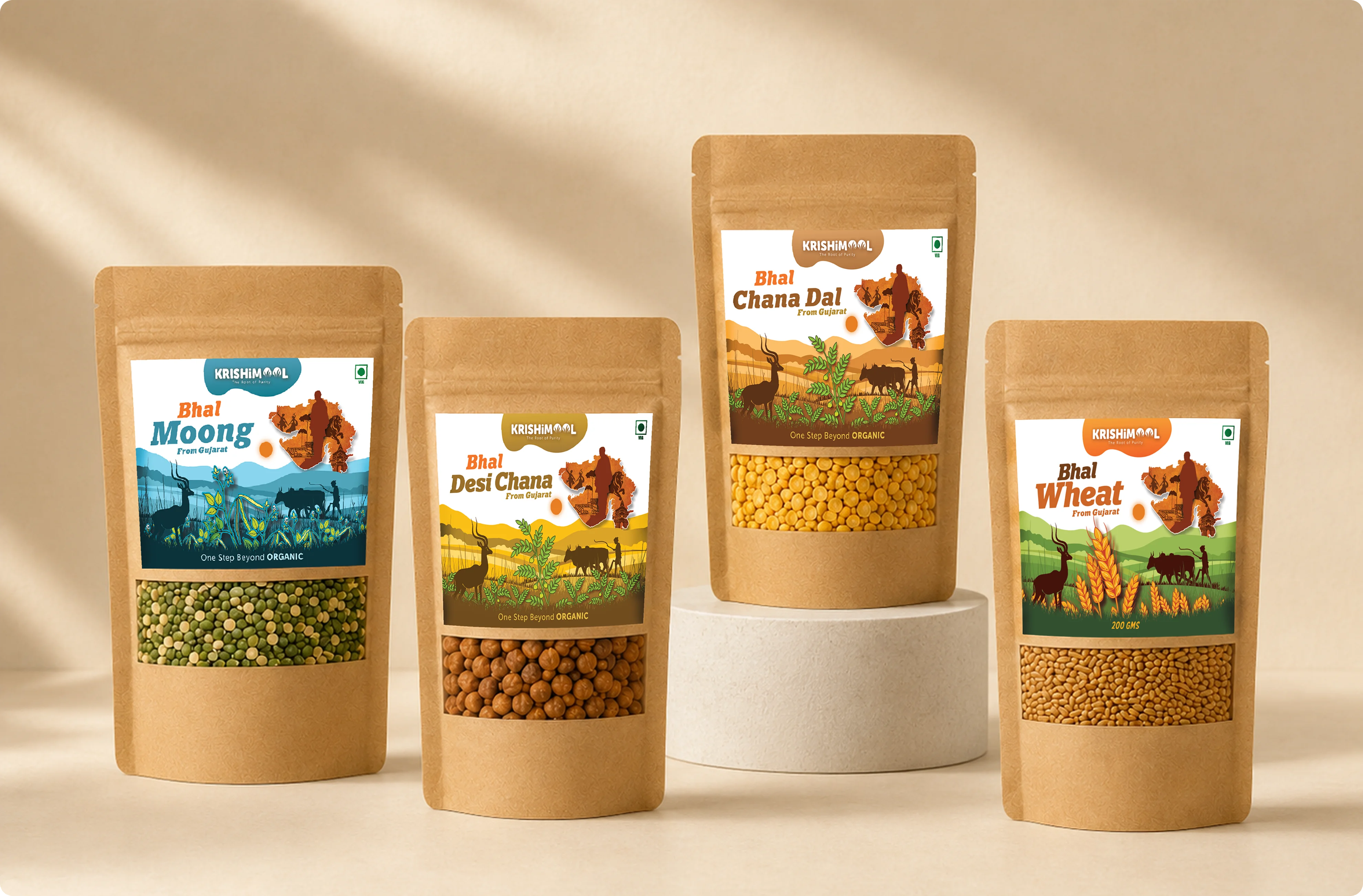 KrishiMool Bhal product range — Moong, Desi Chana, Chana Dal and Wheat kraft packaging