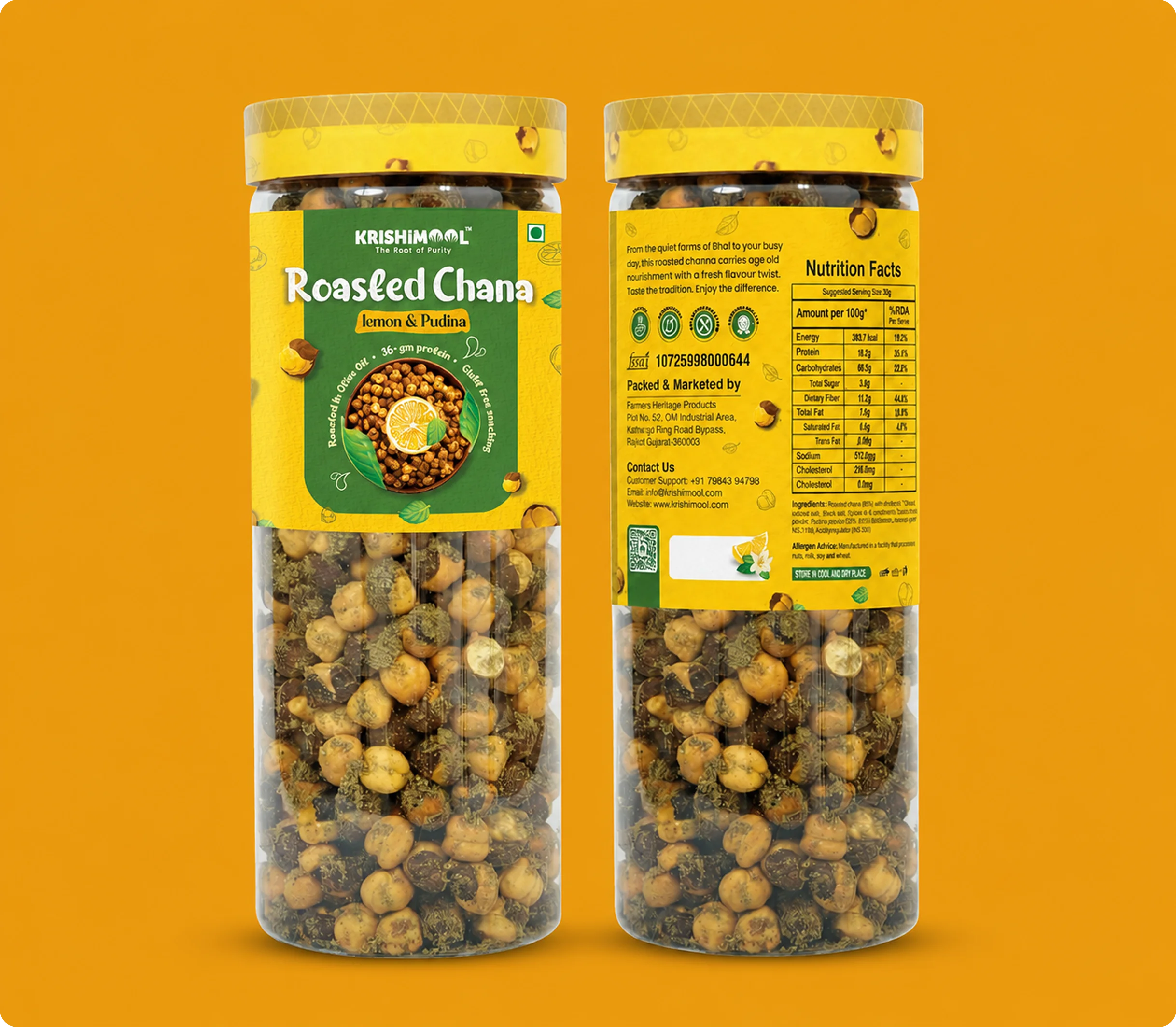 KrishiMool Roasted Chana Lemon and Pudina flavour — jar front and back label design