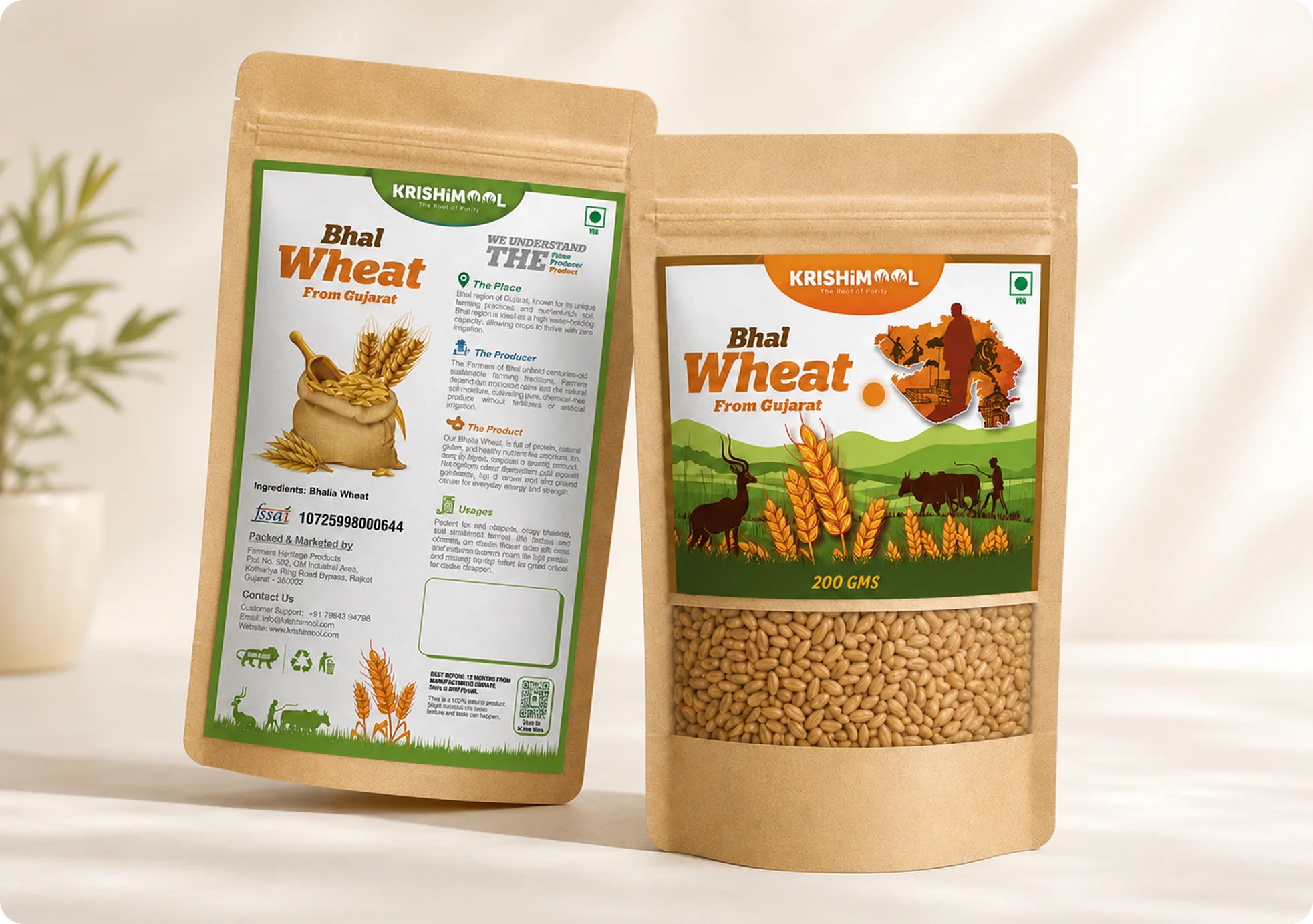 KrishiMool Bhal Wheat From Gujarat packaging — front and back bag mockup