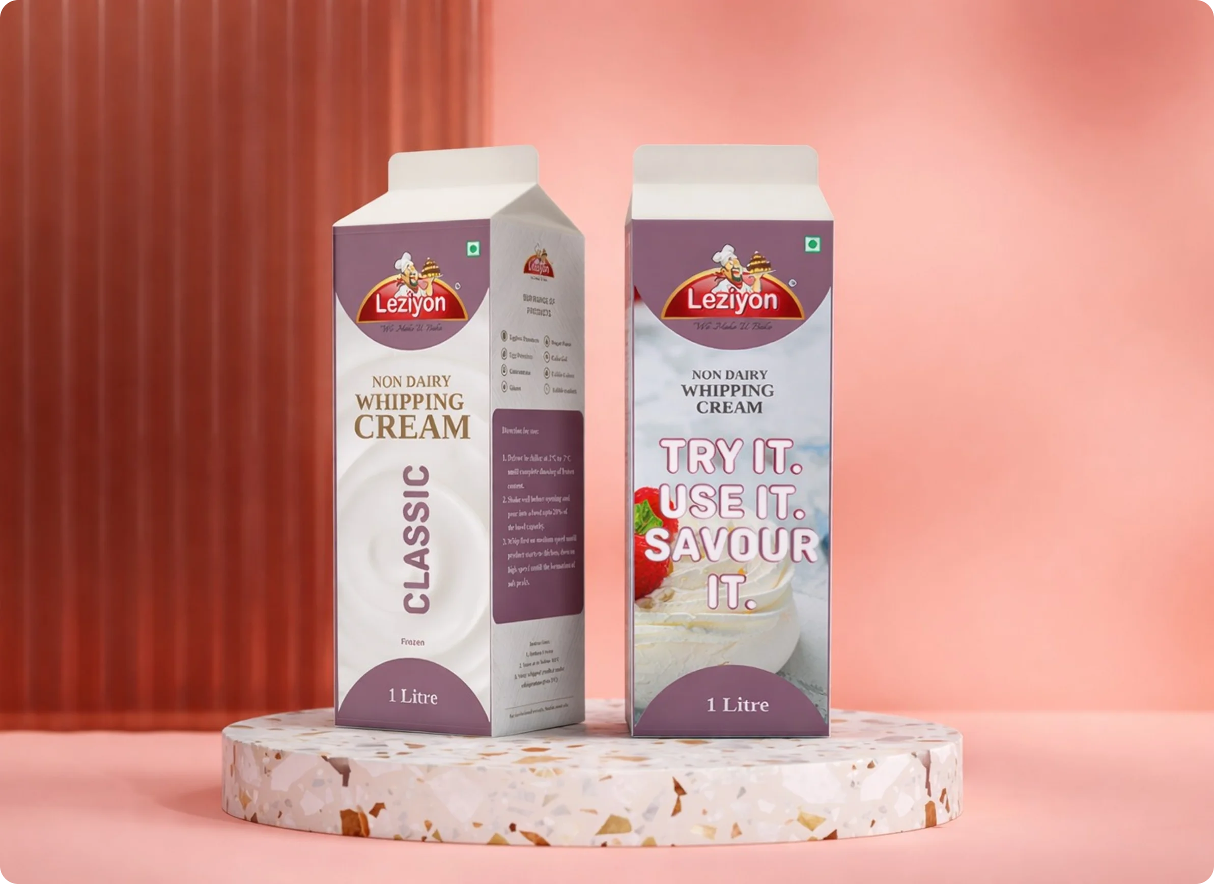 Leziyon Classic and Light whipping cream cartons on pink marble background