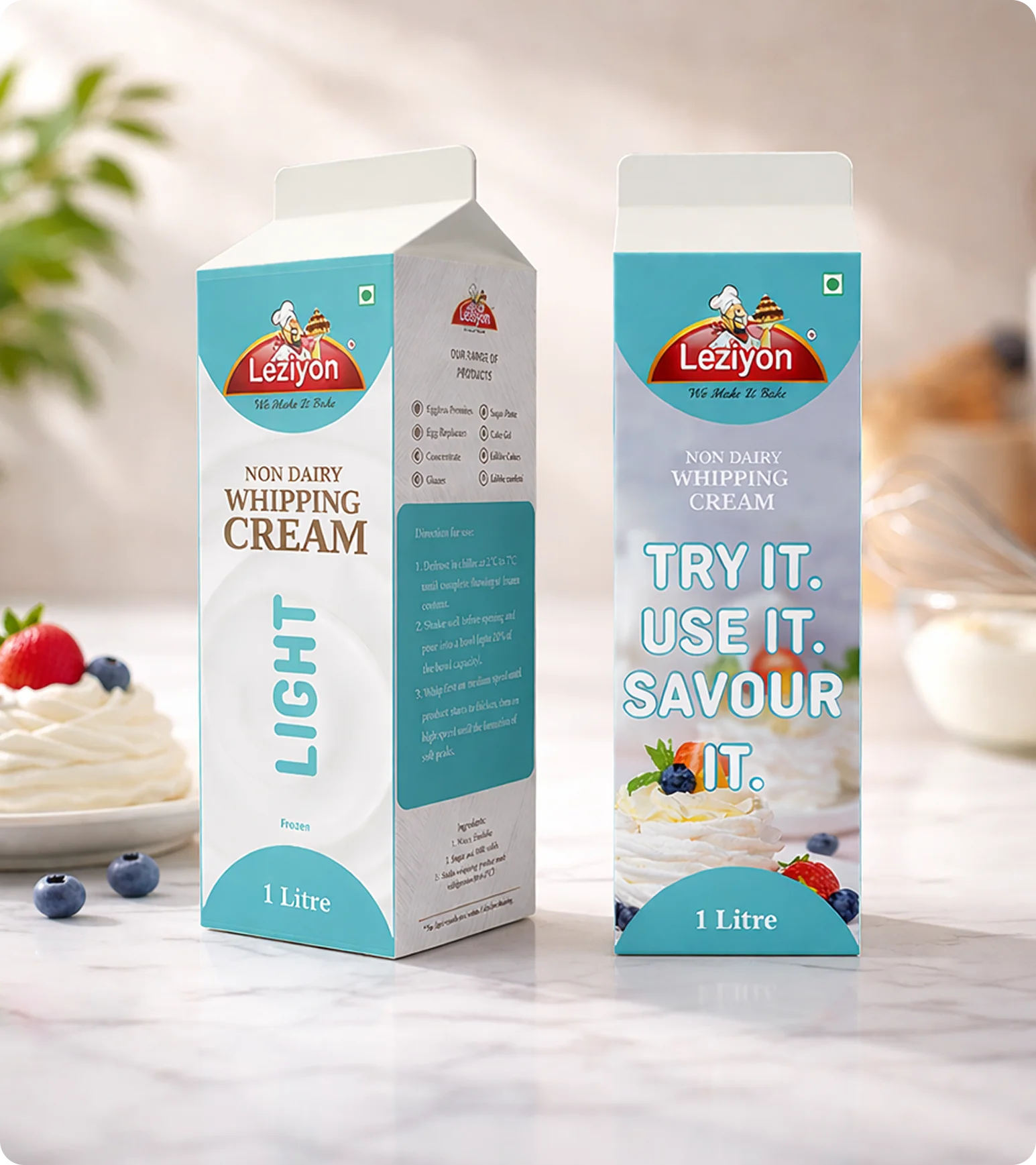 Leziyon Light whipping cream cartons on white marble background with berries