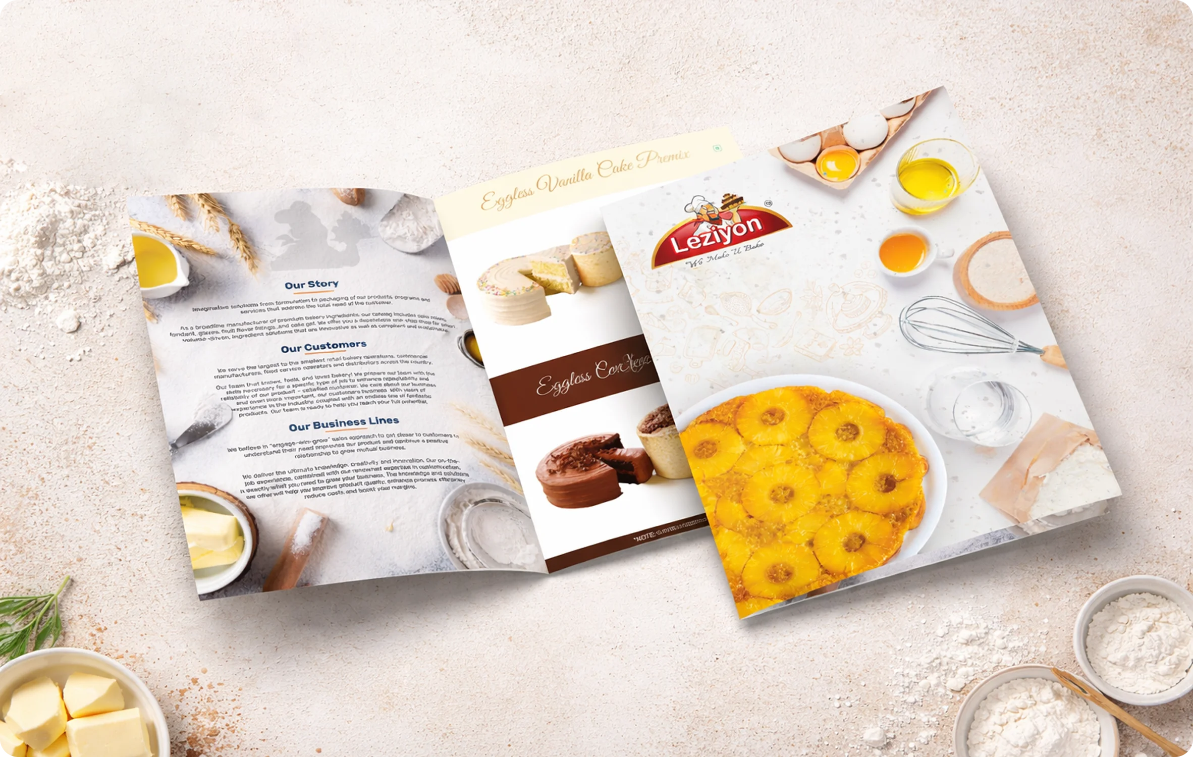 Leziyon folded recipe brochure showing eggless premix varieties