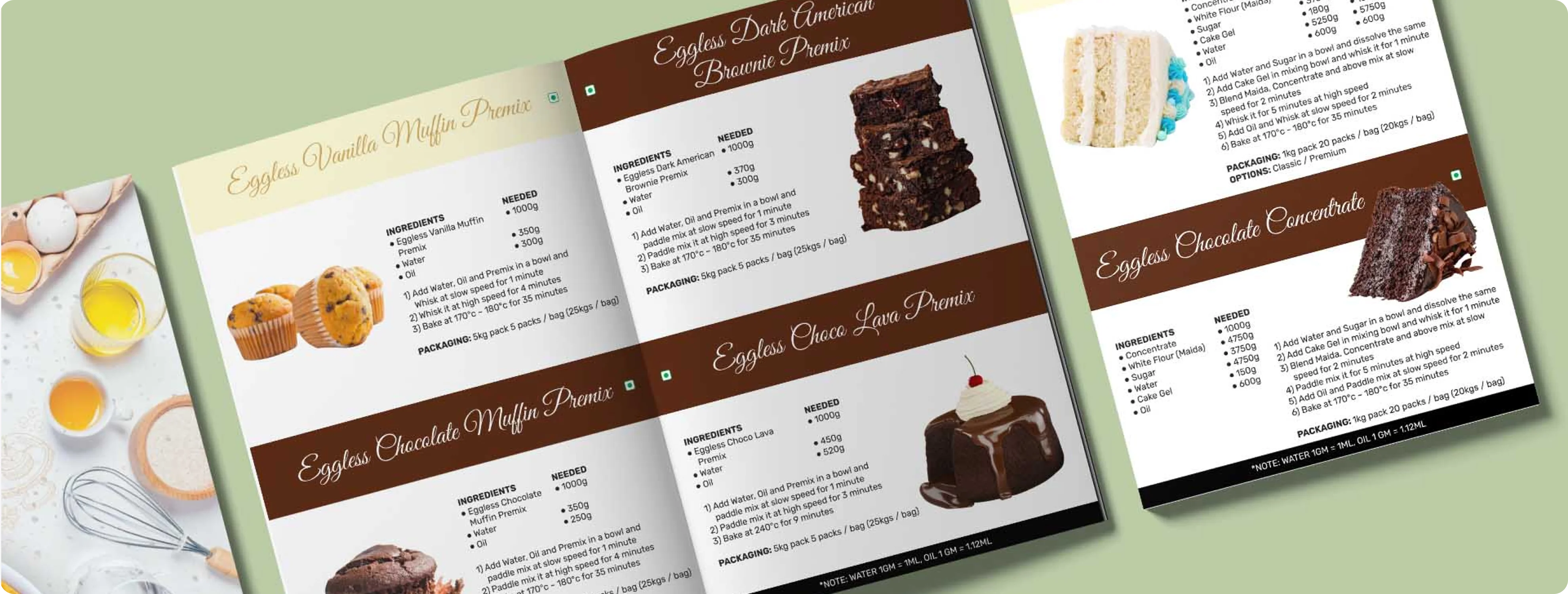 Leziyon recipe cards showing eggless vanilla muffin, dark american brownie, choco lava premixes and chocolate concentrate