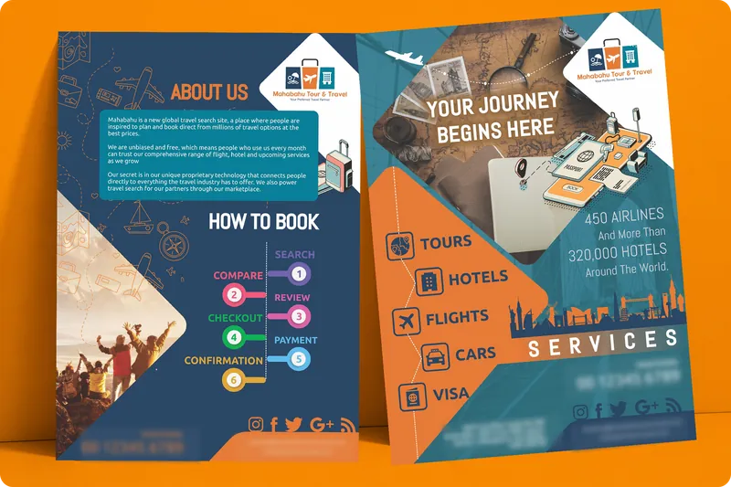 Mahabahu Tour and Travels brochure with About Us, How to Book and travel services pages