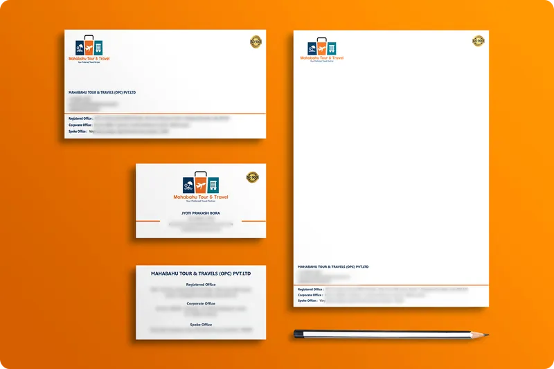 Mahabahu Tour and Travels stationery: letterhead, envelope, business card and compliment slip on orange