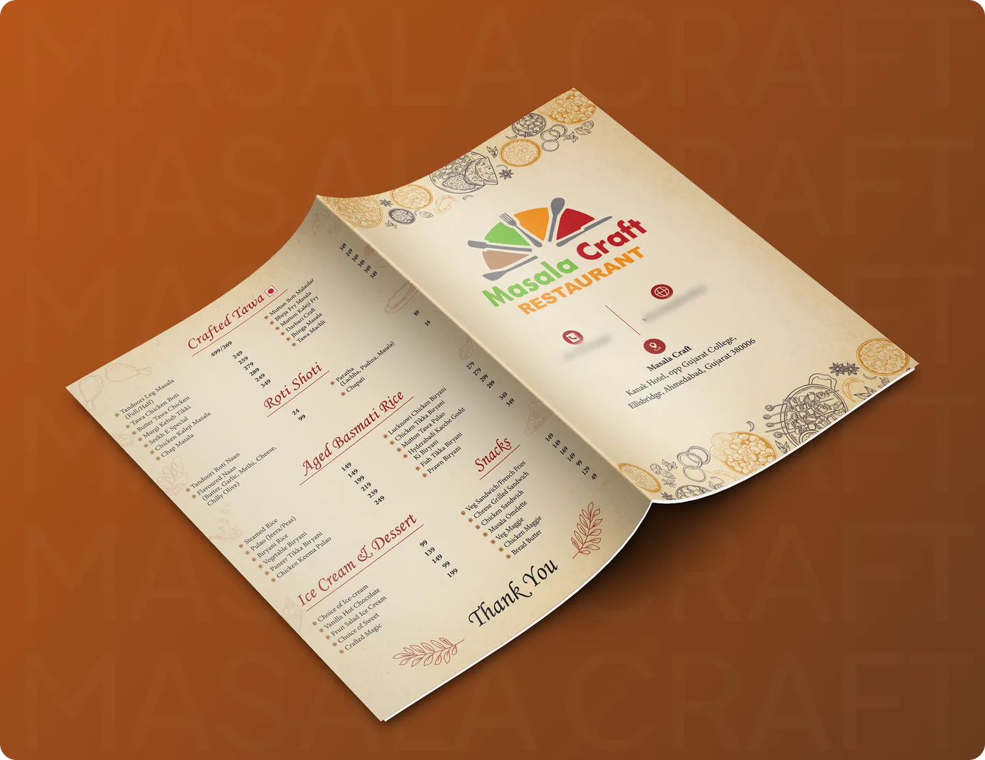 Masala Craft menu opened to show the cover and inner dish listings