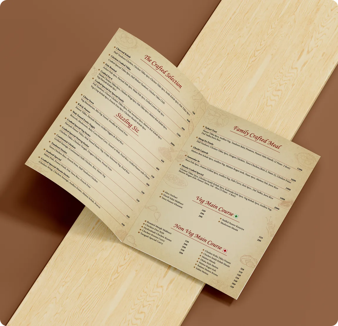Masala Craft tri-fold menu laid open on a wooden surface