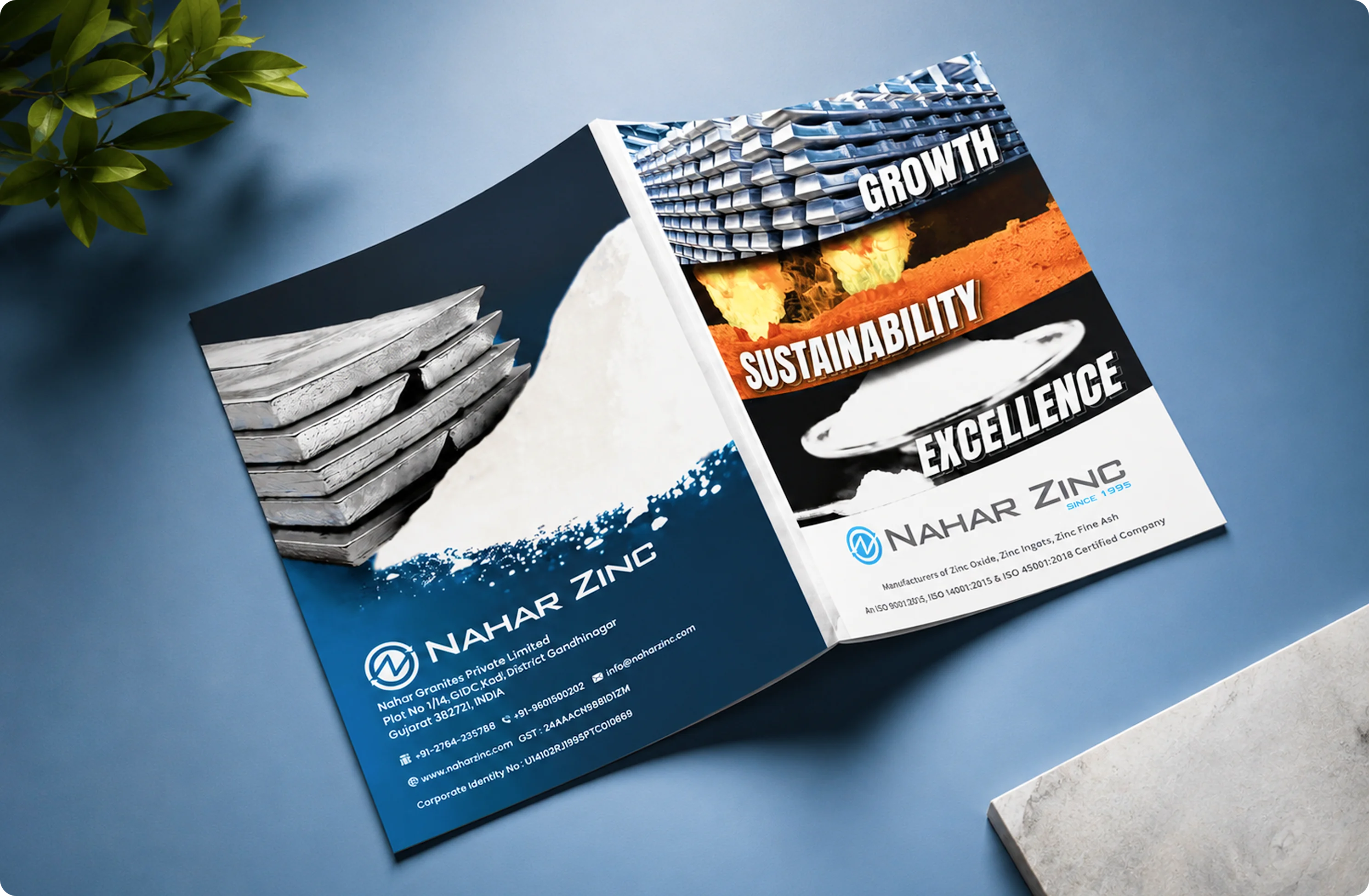 Nahar Zinc open brochure mockup on blue background