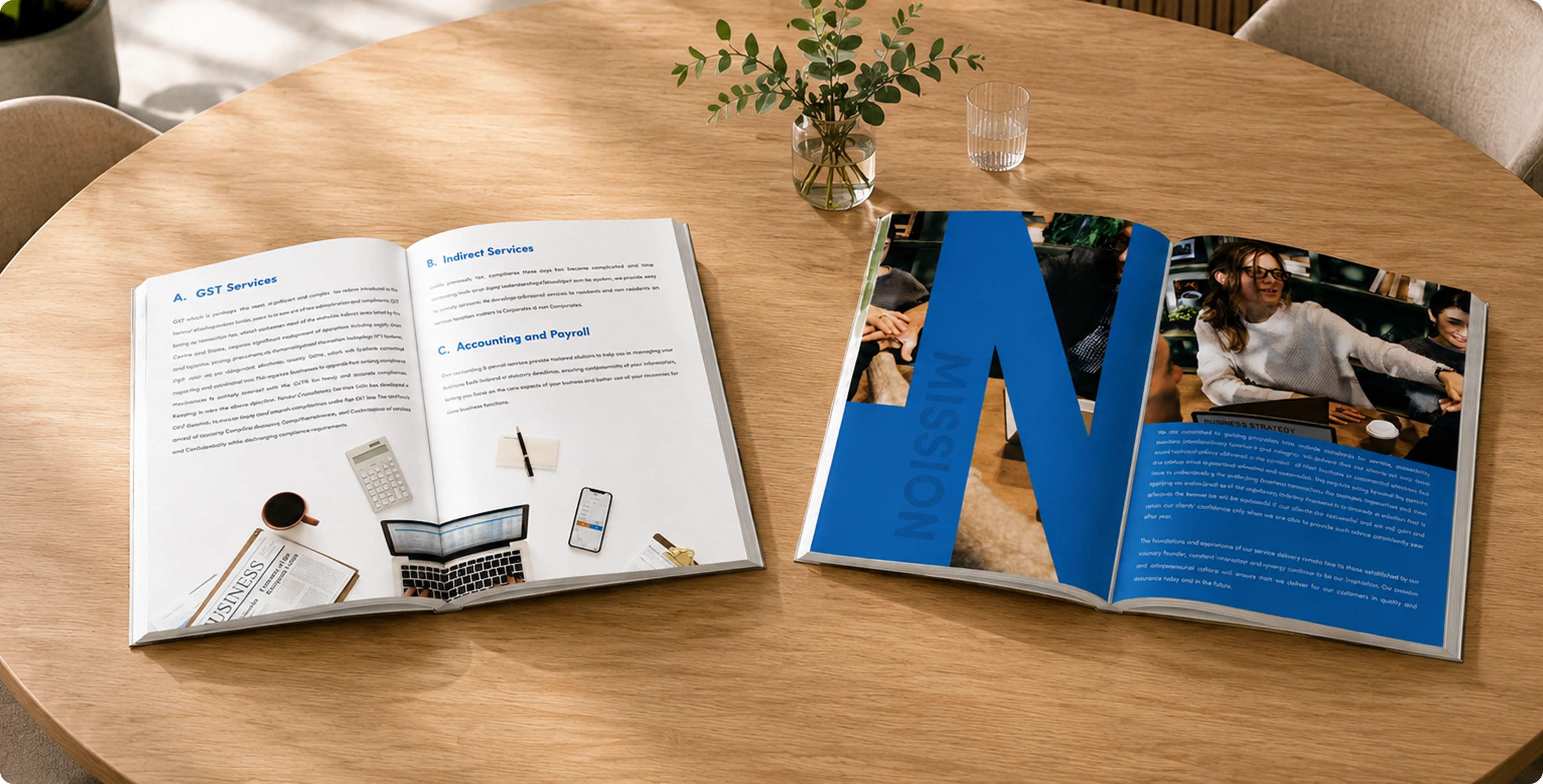 Navkar Consultancy Services open brochures flat lay on table