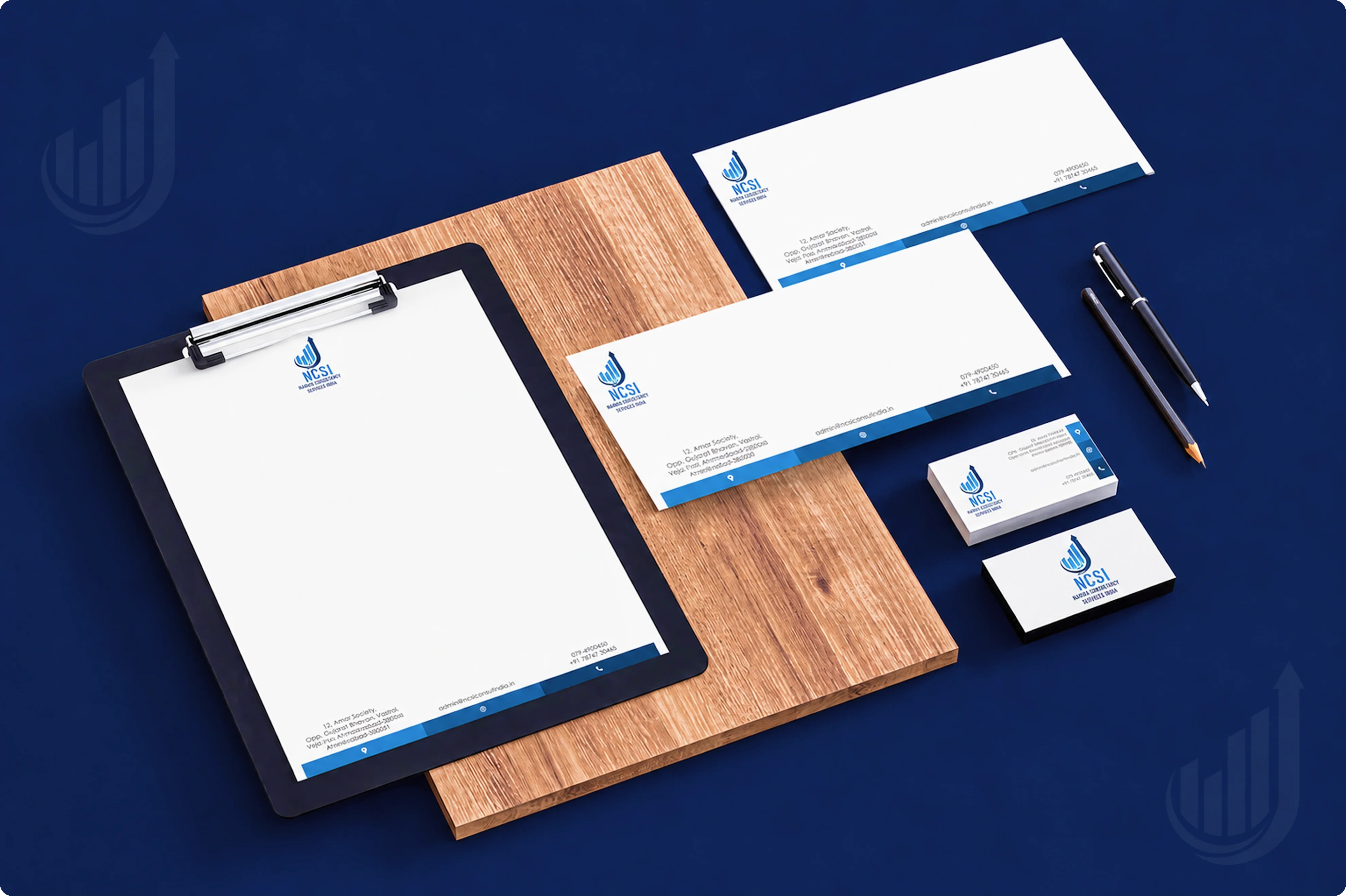 Navkar Consultancy Services brand stationery — letterhead, envelope and business card set