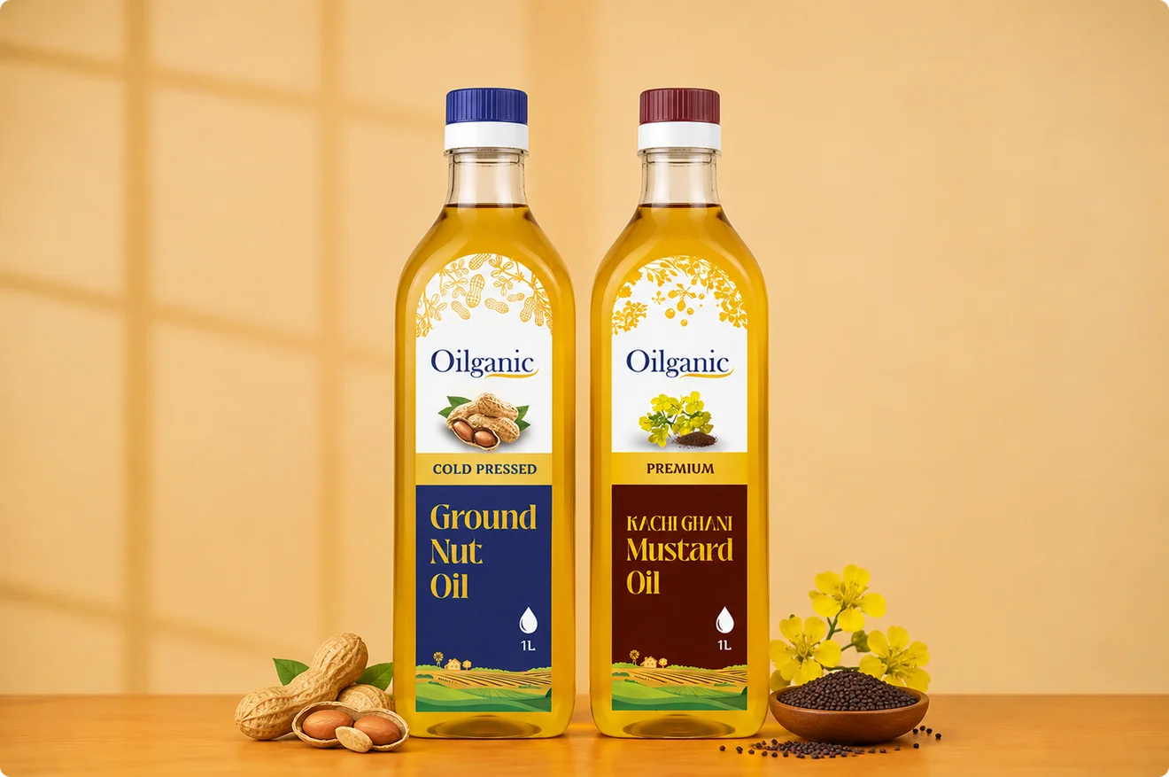 Oilganic organic oil bottle showcase with nature-forward packaging design
