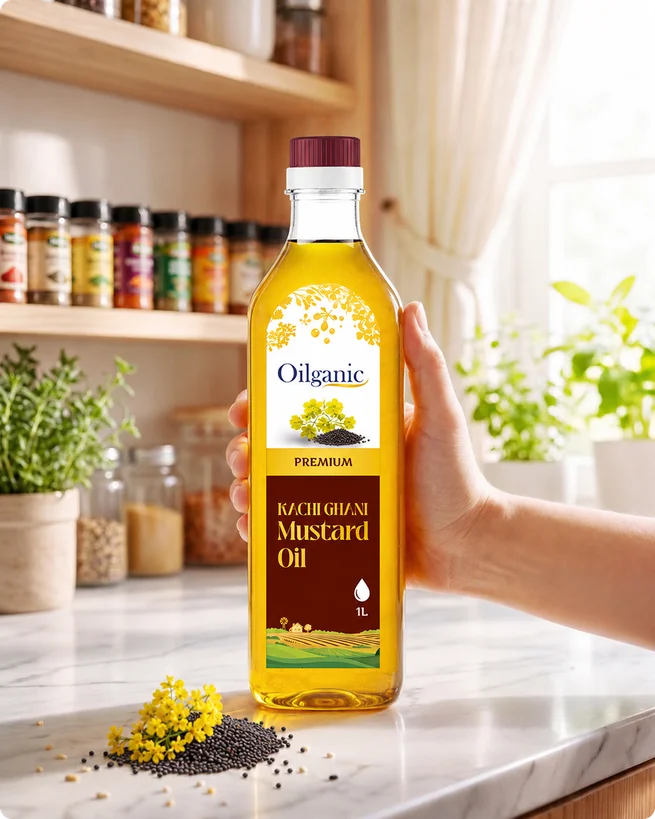 Oilganic oil bottle with seeds and natural ingredients composition
