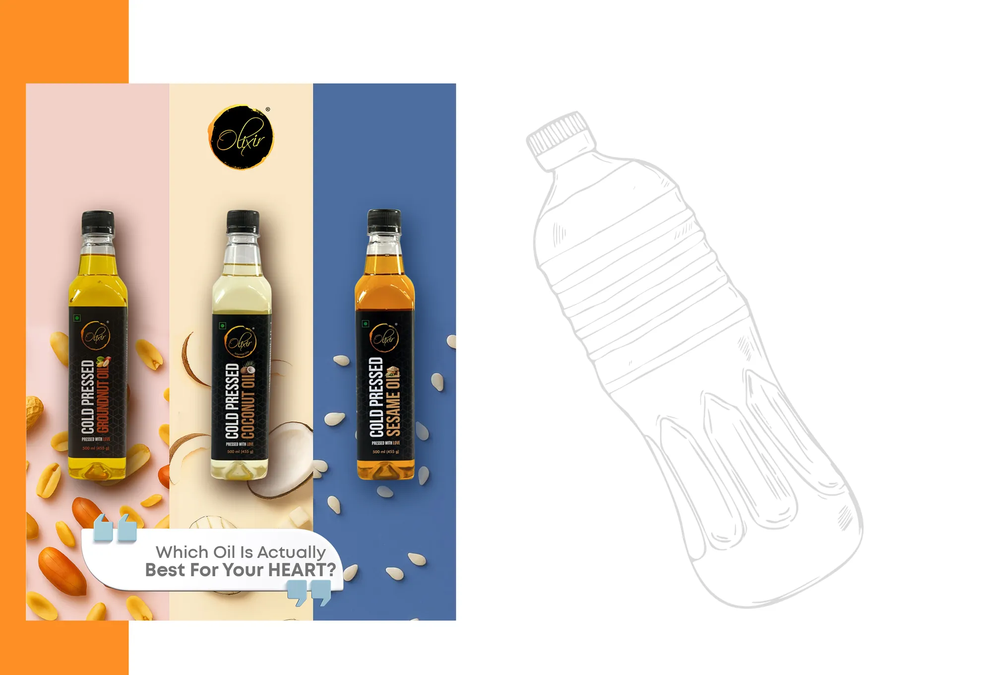 Olixir campaign layout — the Which Oil Is Actually Best For Your Heart post beside a phone mockup of the product reel
