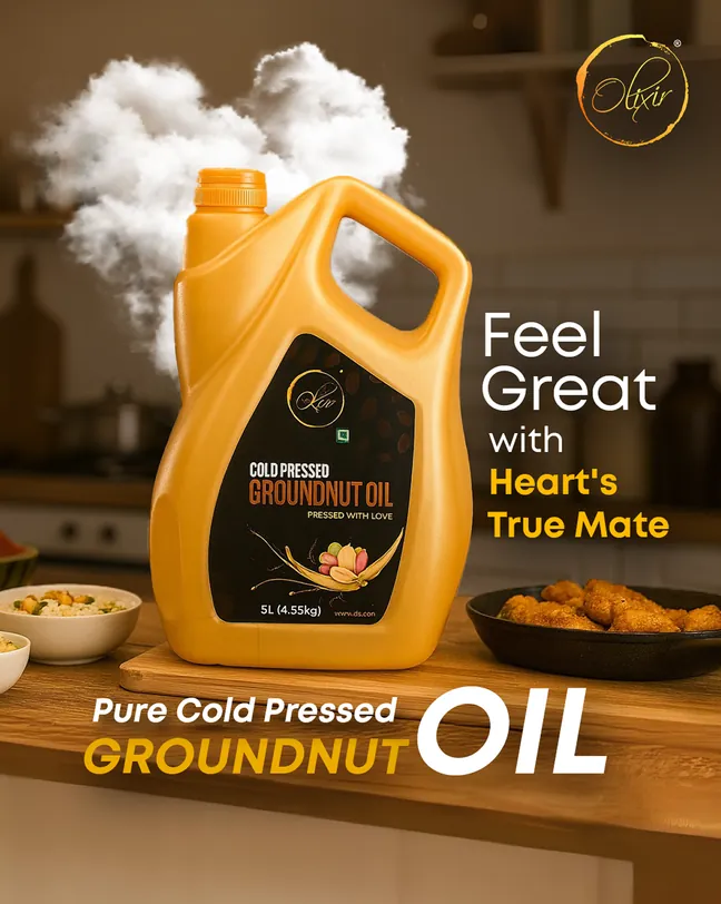 Olixir cold pressed groundnut oil social post — five litre jug with the headline Feel Great with Heart’s True Mate