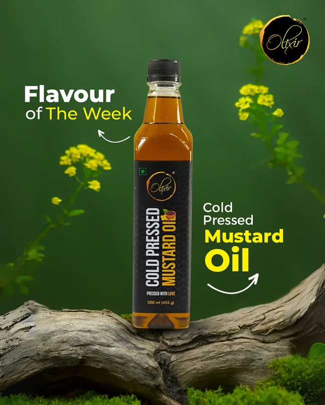 Olixir Flavour of the Week social post featuring the cold pressed mustard oil bottle