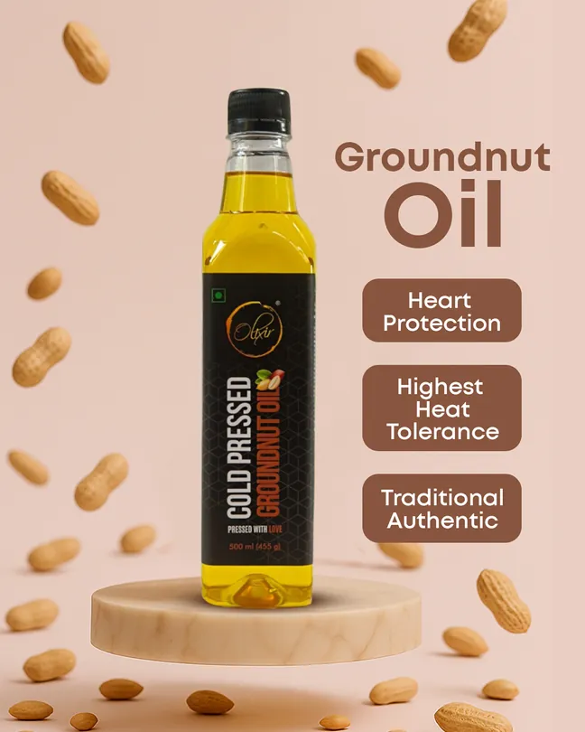 Olixir groundnut oil social post listing heart protection, heat tolerance and traditional authenticity