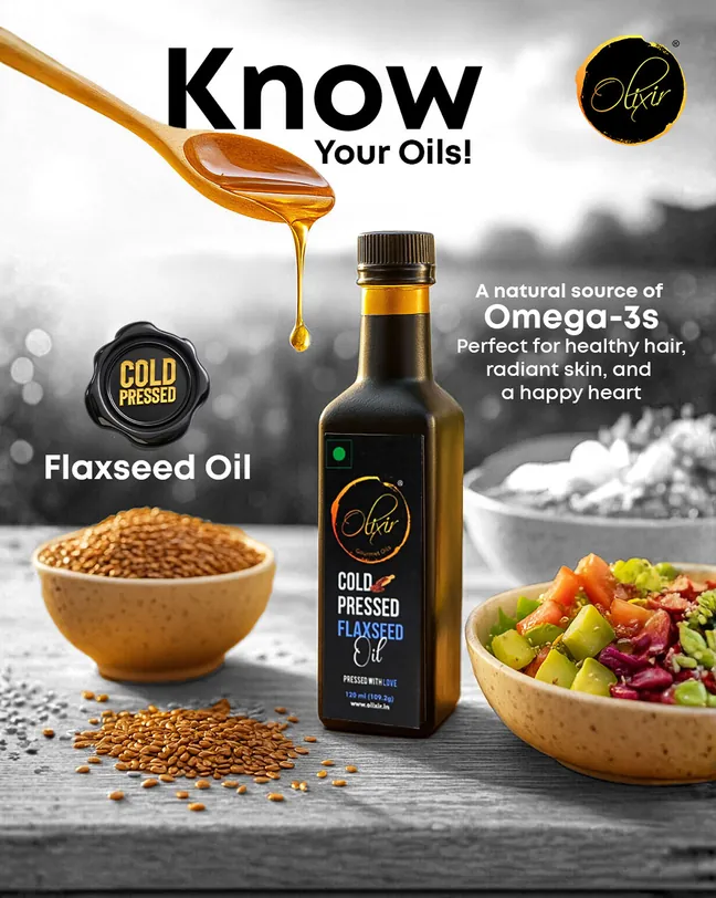 Olixir Know Your Oils social post about cold pressed flaxseed oil and omega-3s