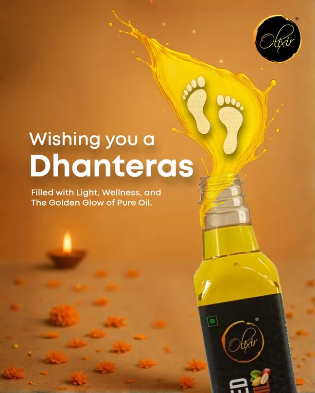 Olixir Dhanteras greeting social post with oil pouring from the bottle