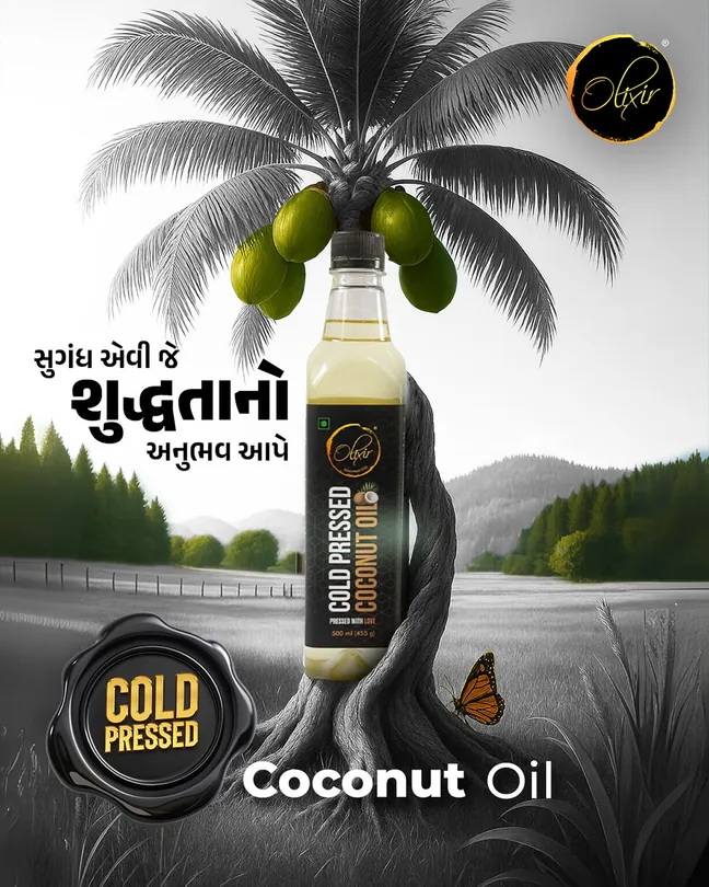 Olixir cold pressed coconut oil social post set against a palm grove