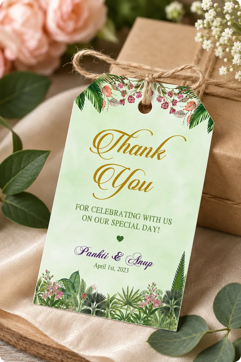 Panki & Anup thank-you gift tag in green and gold, tied with twine to a wrapped gift
