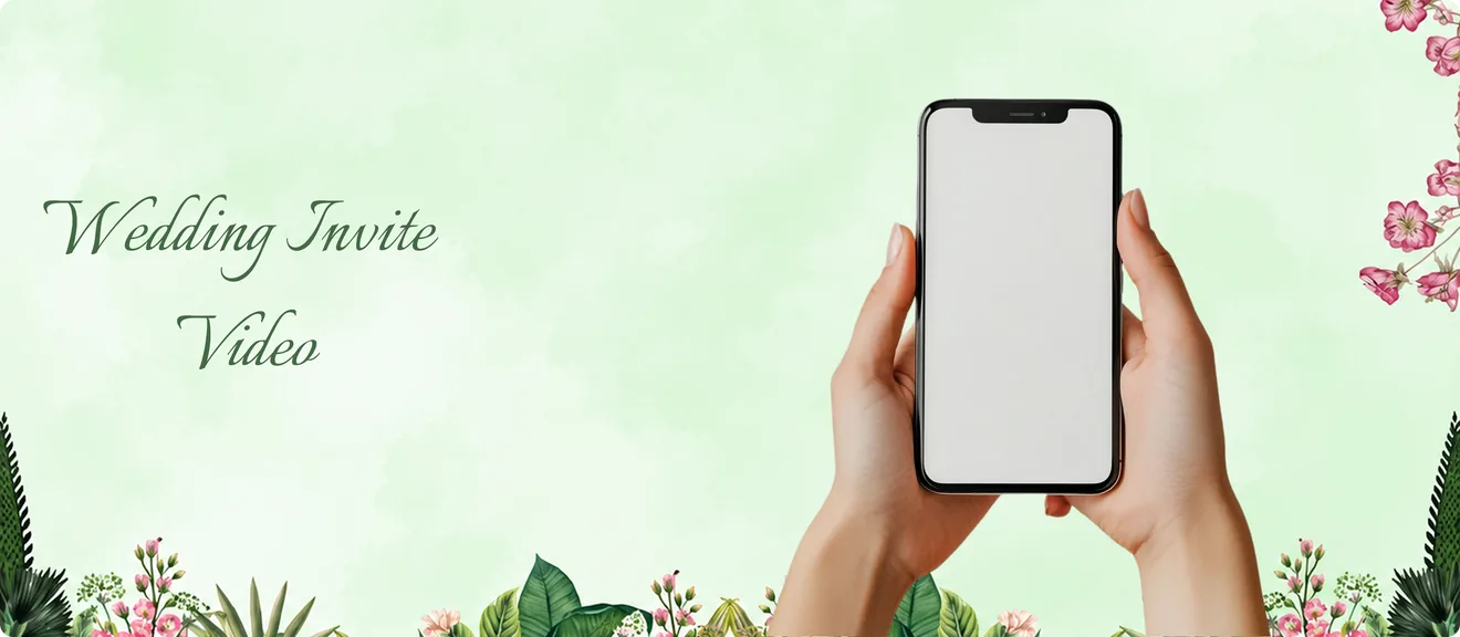 Wedding Invite Video panel with a floral garden background and a phone held in two hands