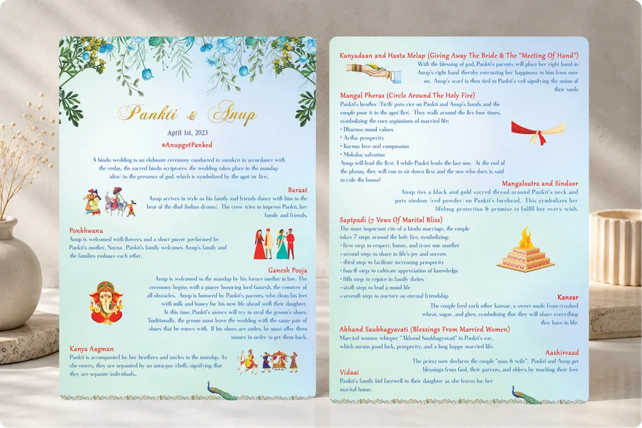 Two-page Panki & Anup wedding programme explaining each ceremony, from Baraat to Vidaai, with illustrations