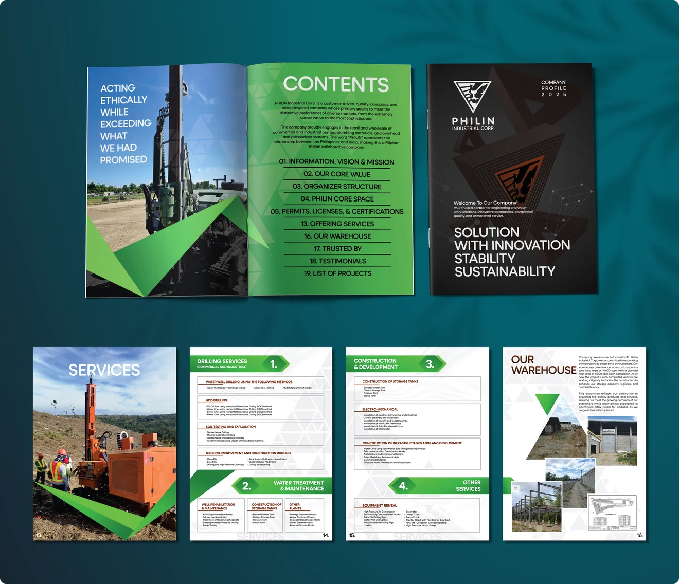 Philin brochure interior pages showing services and offerings layout