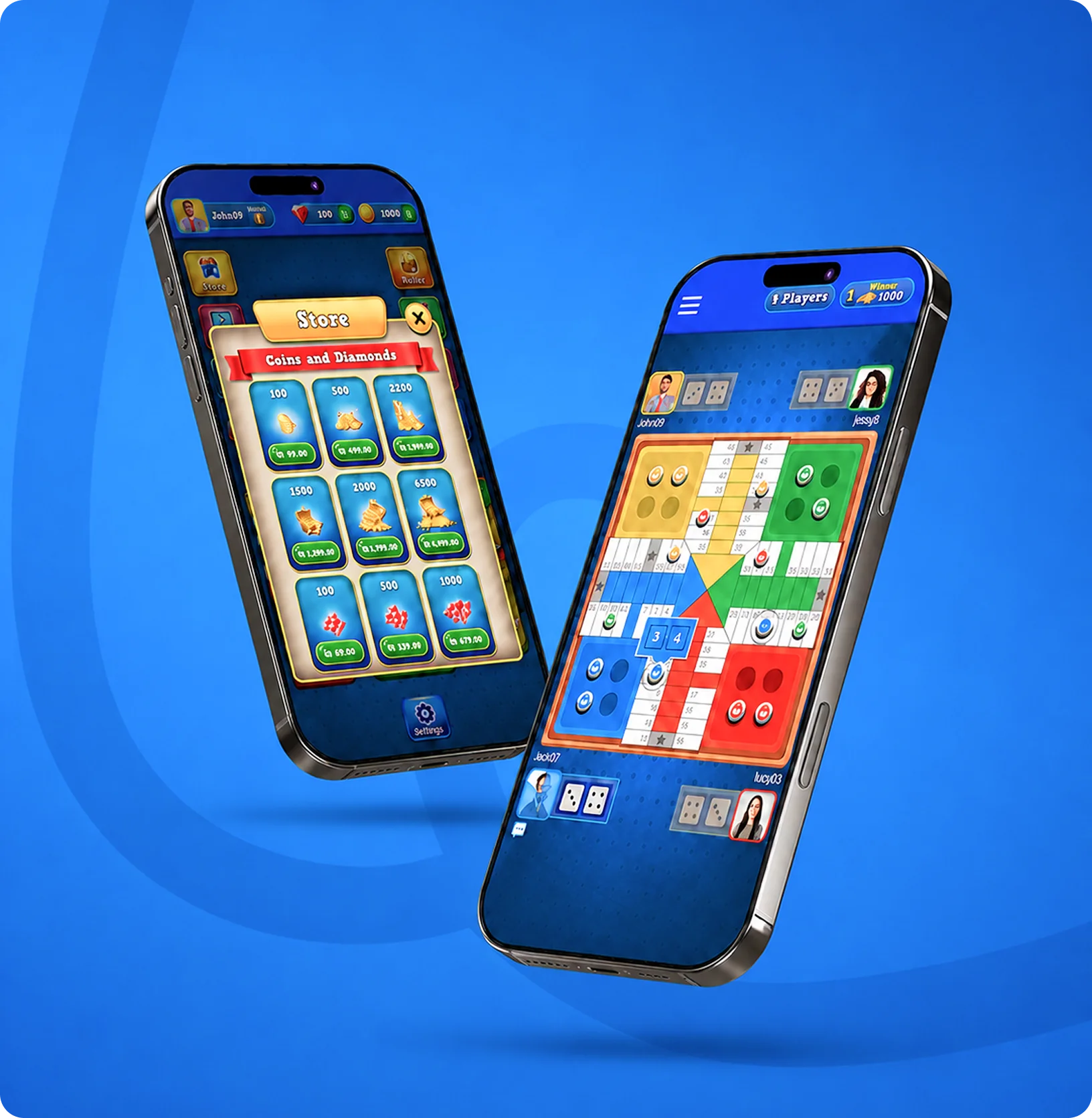 Ludo game selection and gameplay screens on phone mockup