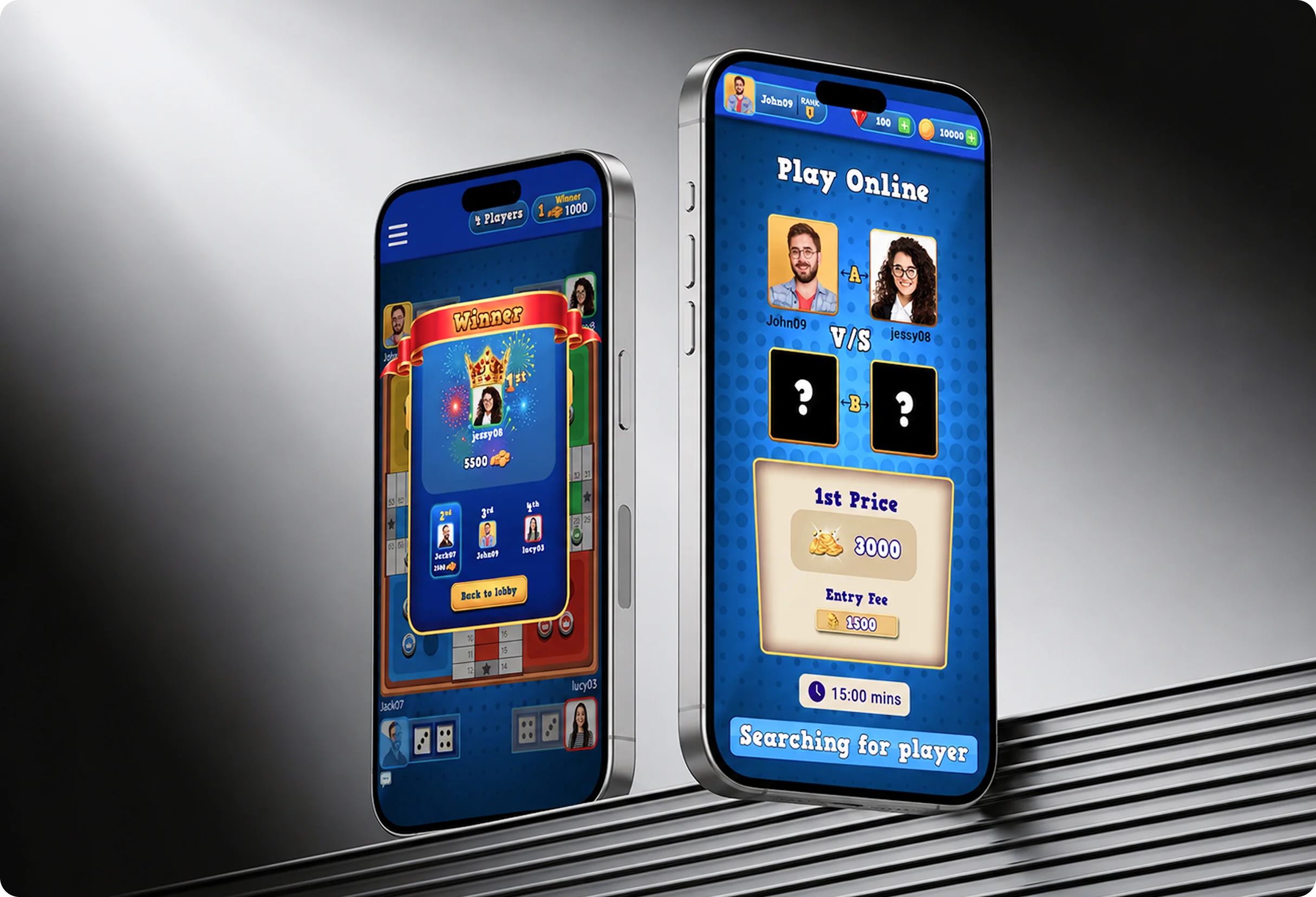 Ludo mobile game menu and player selection screens mockup