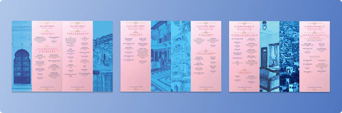 Three open Ratan Villa menus: all-day menu, à la carte soups and salads, and main course with breads