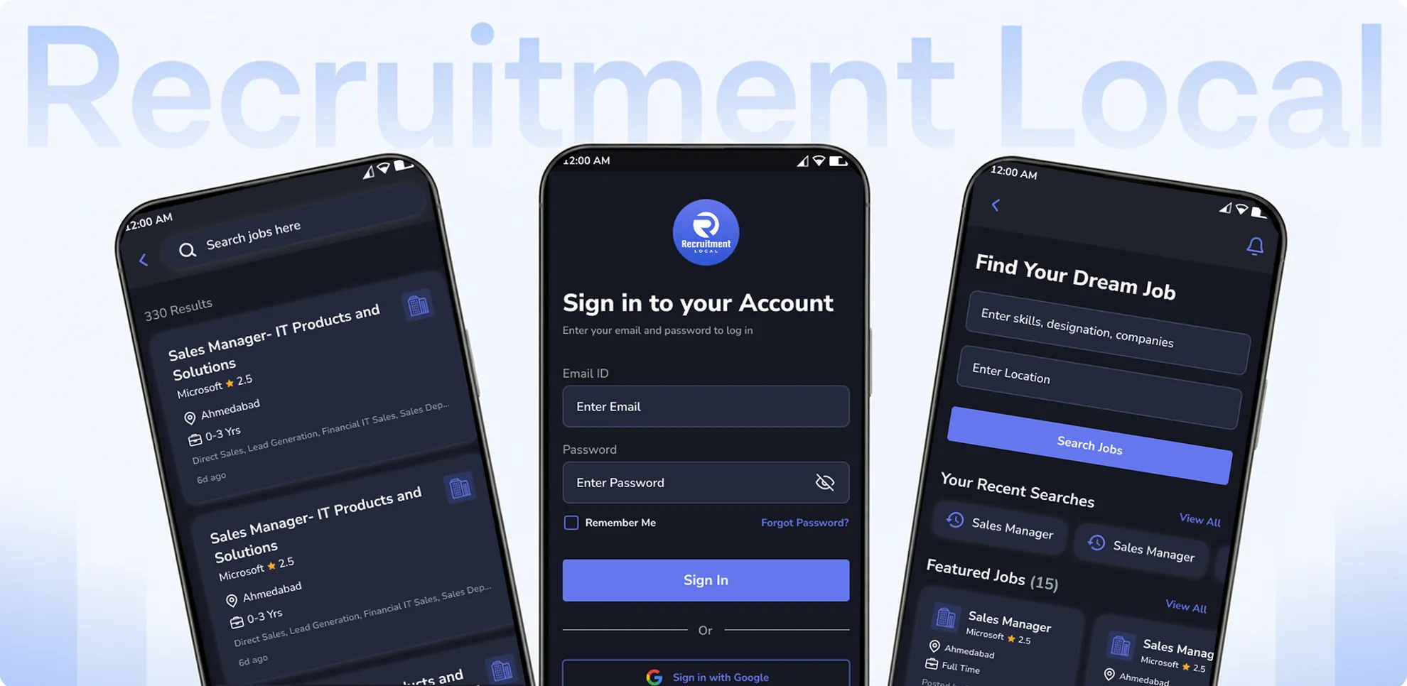 Recruitment Local app screens showing sign-in, job search and saved jobs