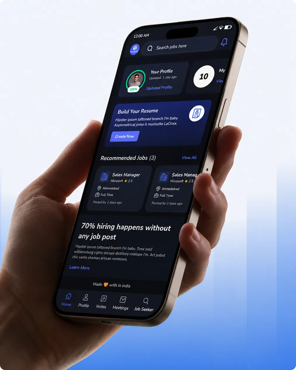 Recruitment Local app held in hand showing the job recommendations feed