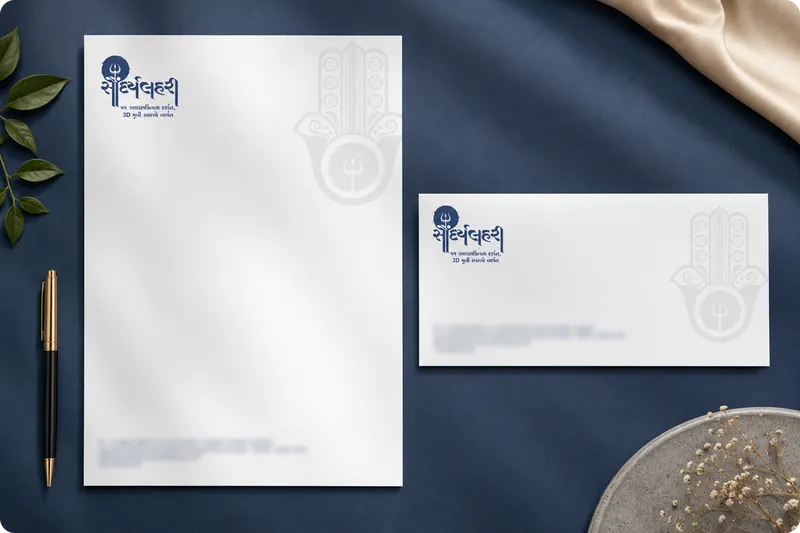 Saundarya Lahiri letterhead and envelope with the blue hamsa logo