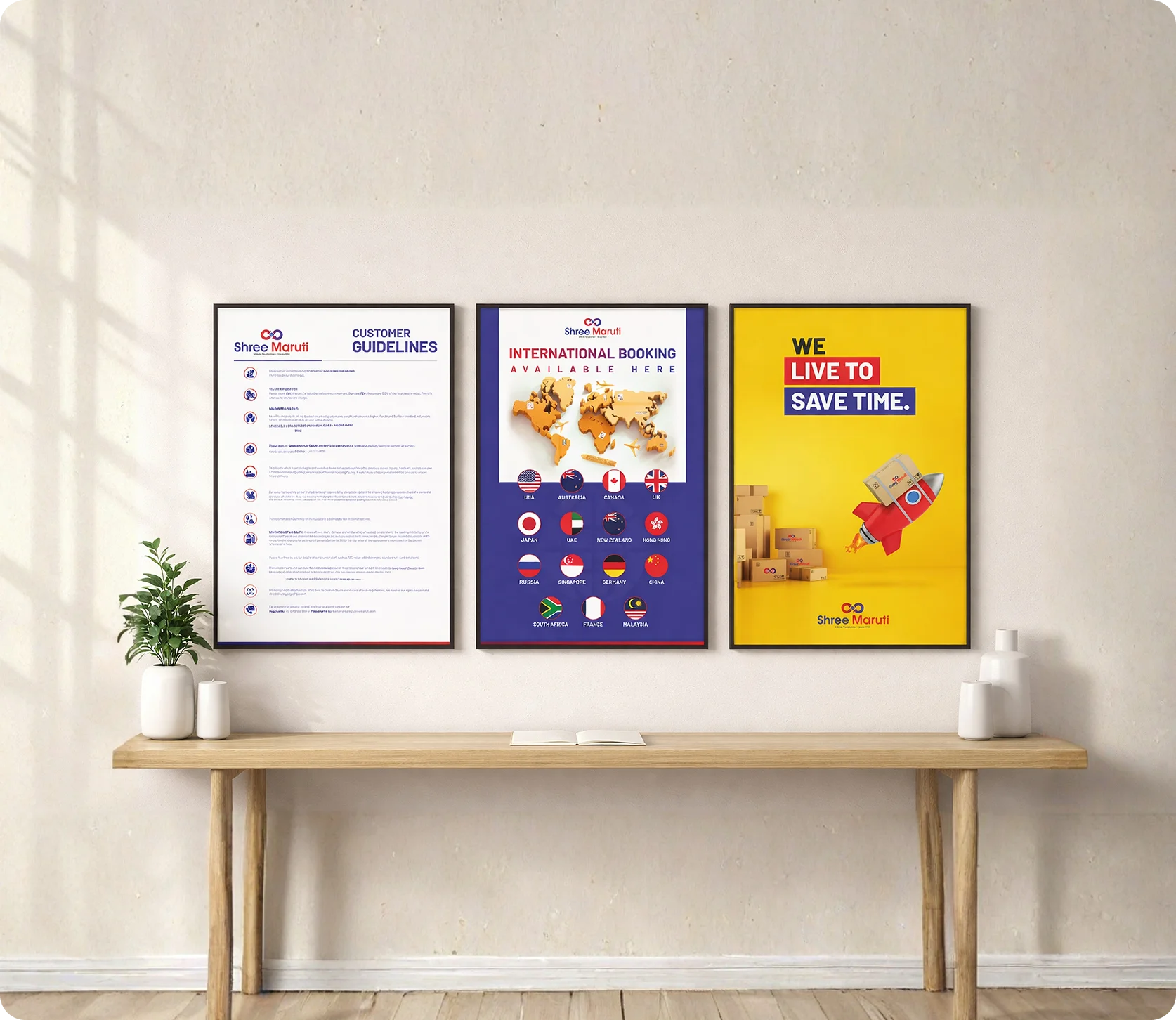 Shree Maruti framed brand guidelines and service posters