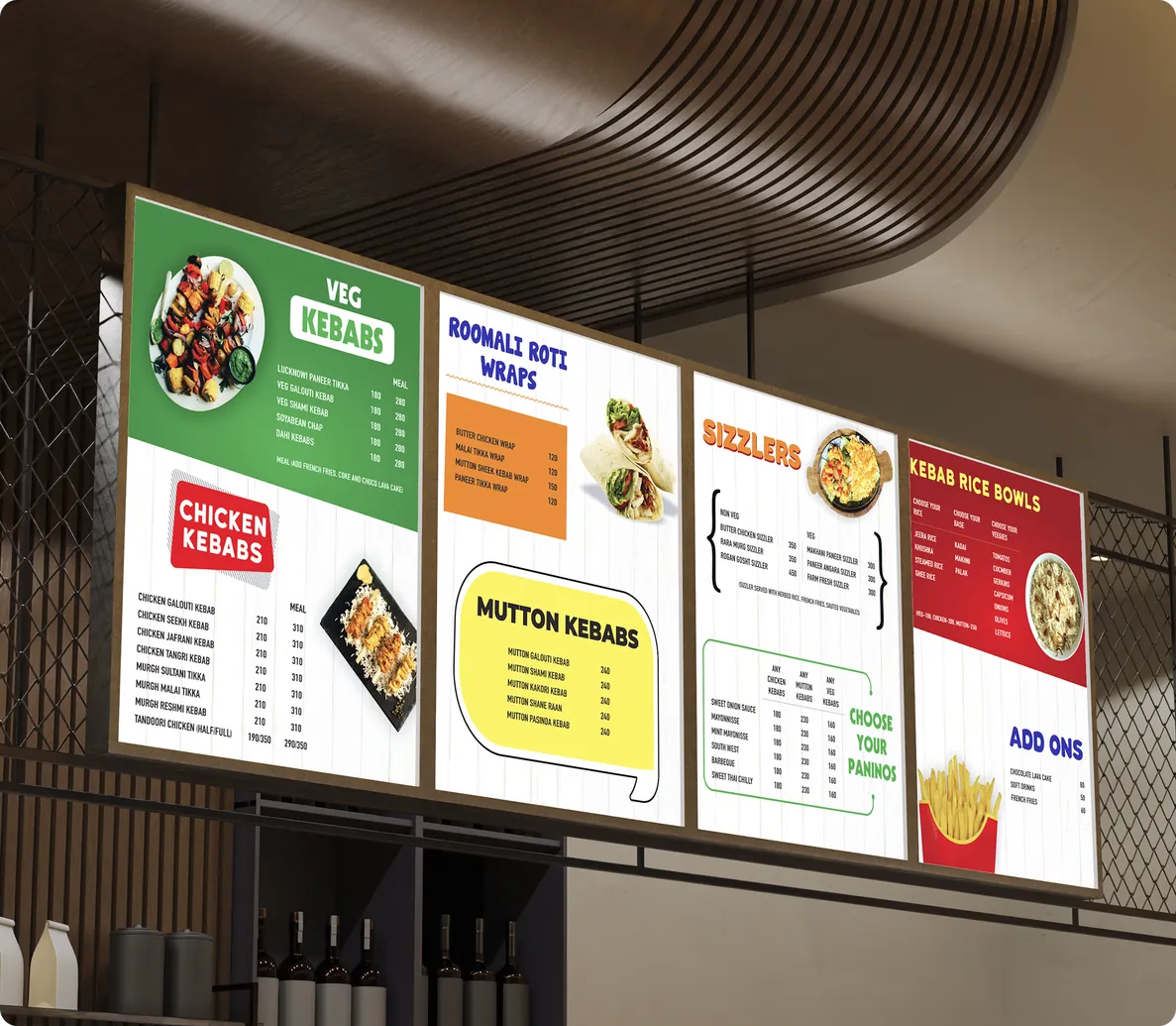 The Kebab House in-store digital menu boards displaying the full food range