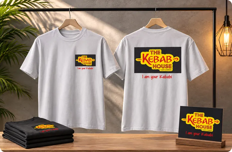 The Kebab House branded staff t-shirts and cap merchandise