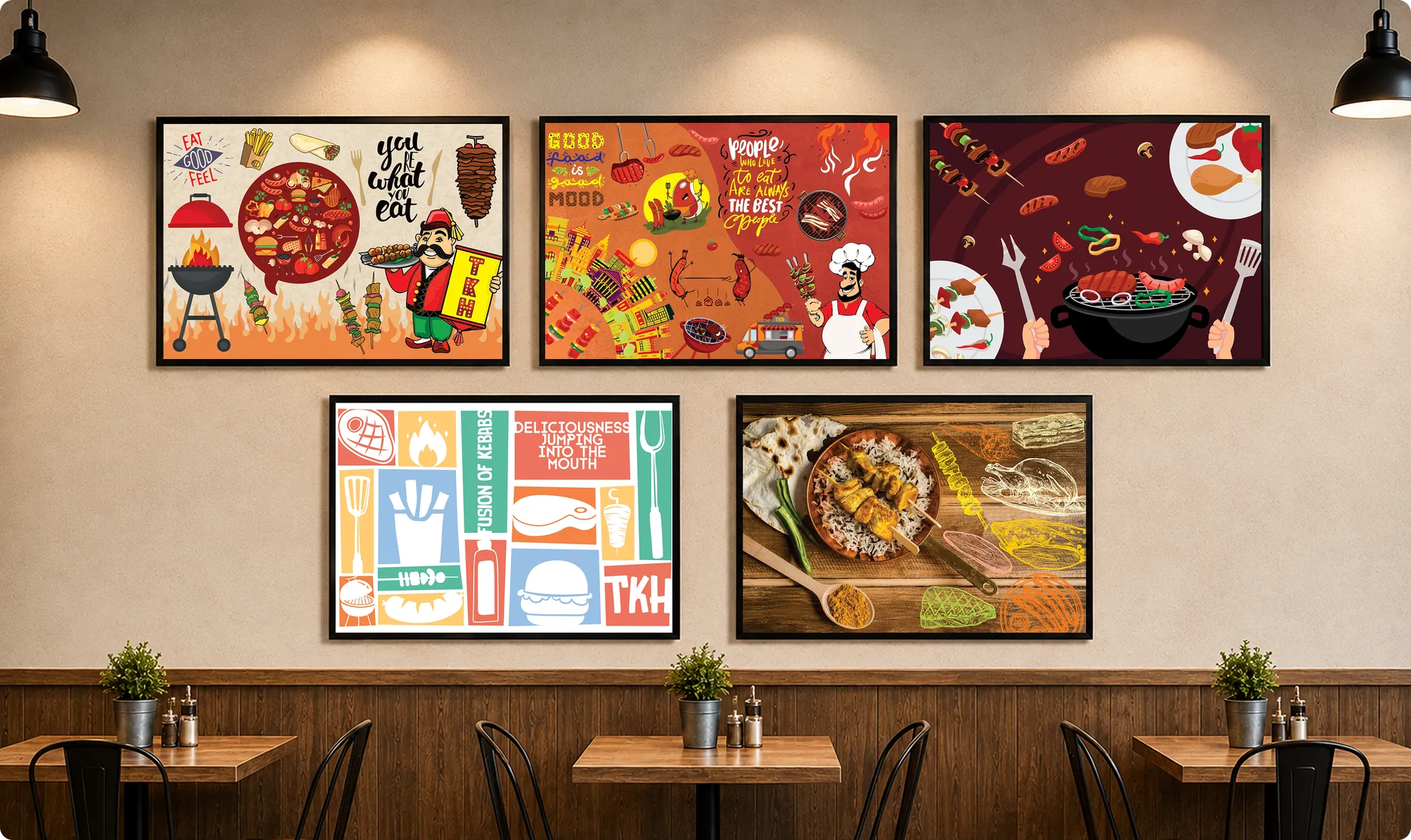 The Kebab House framed brand illustration artwork displayed on a restaurant wall