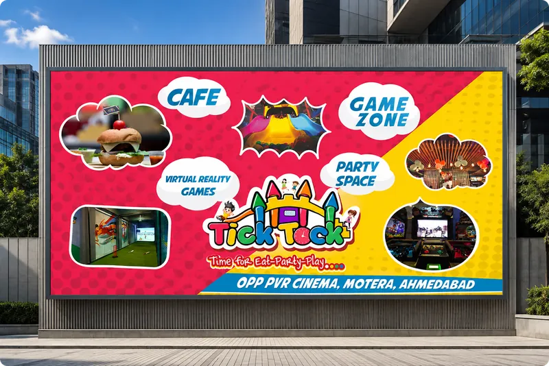 Tick Tock billboard showing the cafe, game zone, virtual reality games and party space opposite PVR Cinema, Motera
