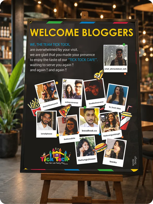 Tick Tock Welcome Bloggers poster with blogger photos on an easel