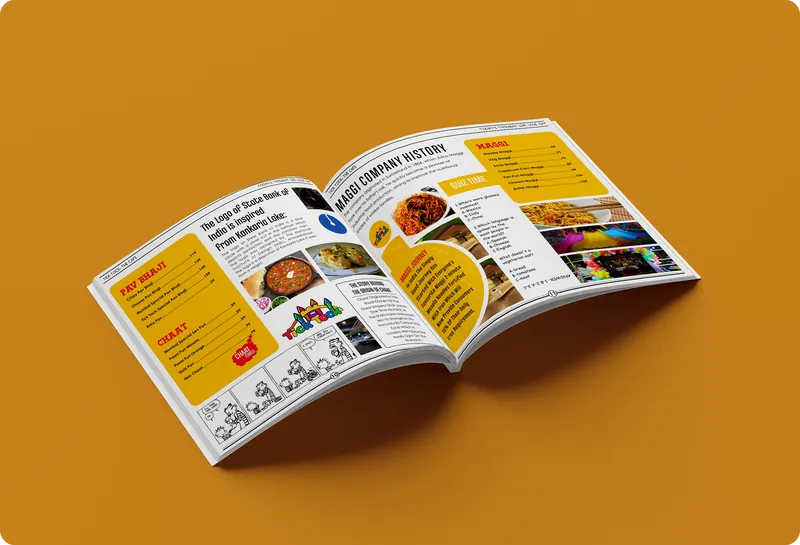 Open Tick Tock menu booklet with pav bhaji, chaat and Maggi pages in yellow and white