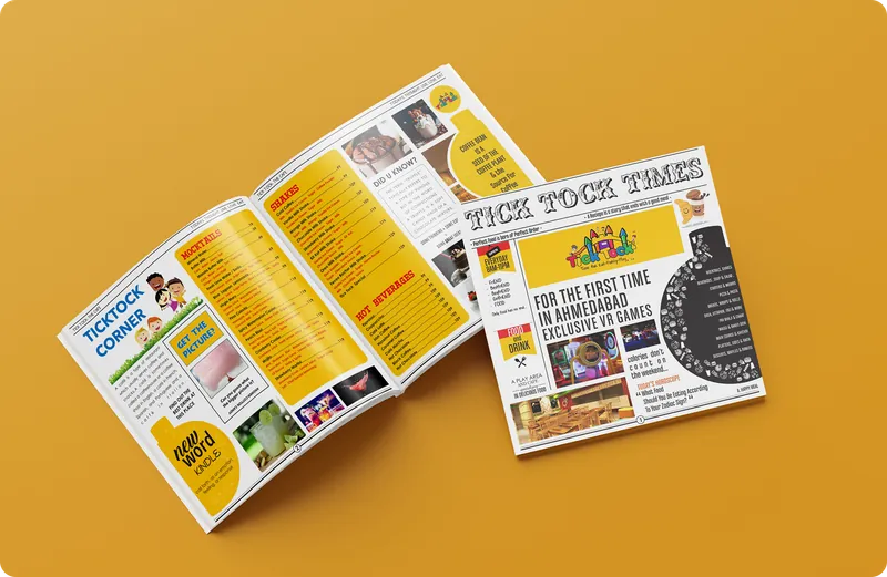 Tick Tock Times newspaper-style menu with Tick Tock Corner, shakes and hot beverages pages