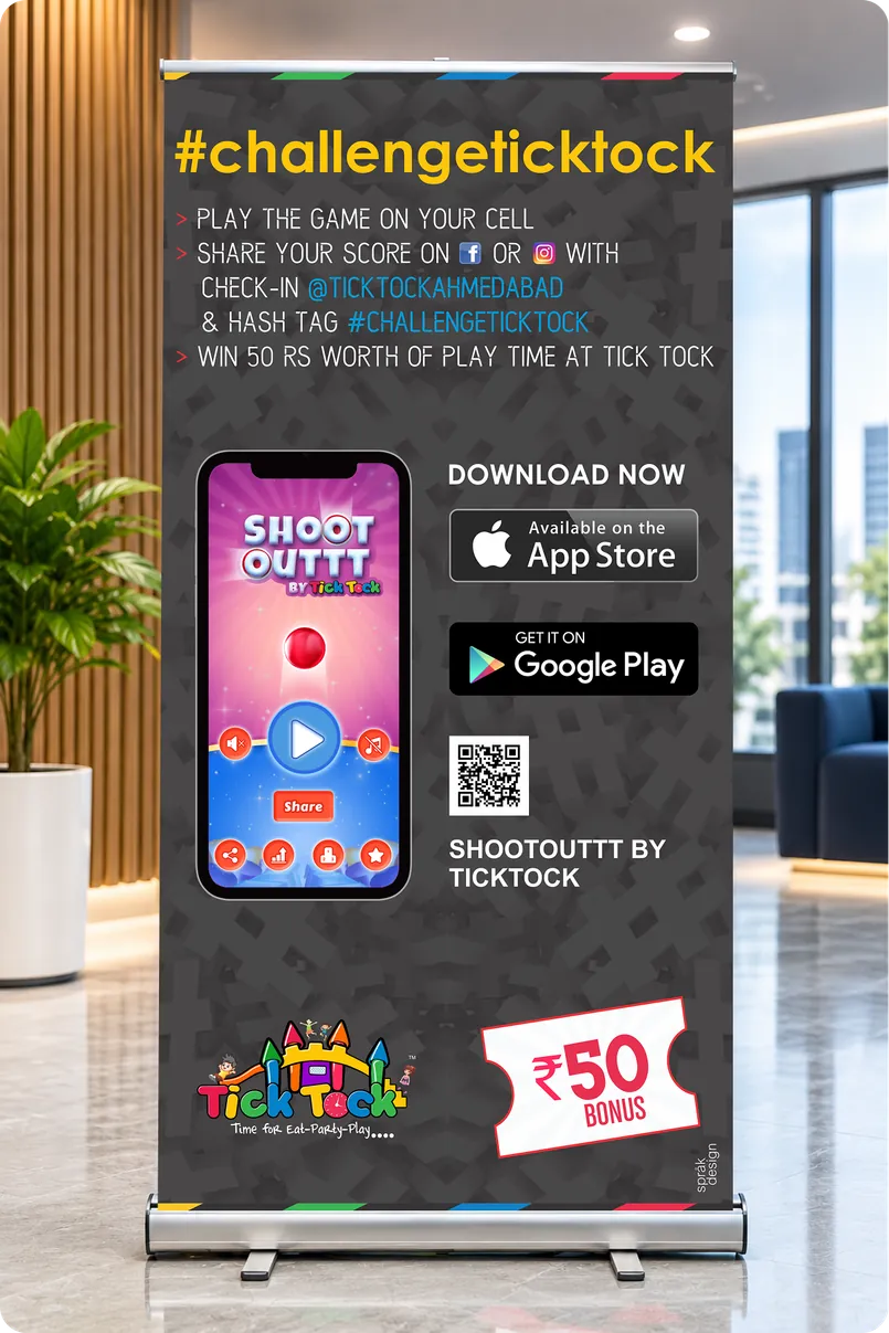 Tick Tock #challengeticktock roll-up standee promoting the Shoot Outtt game app