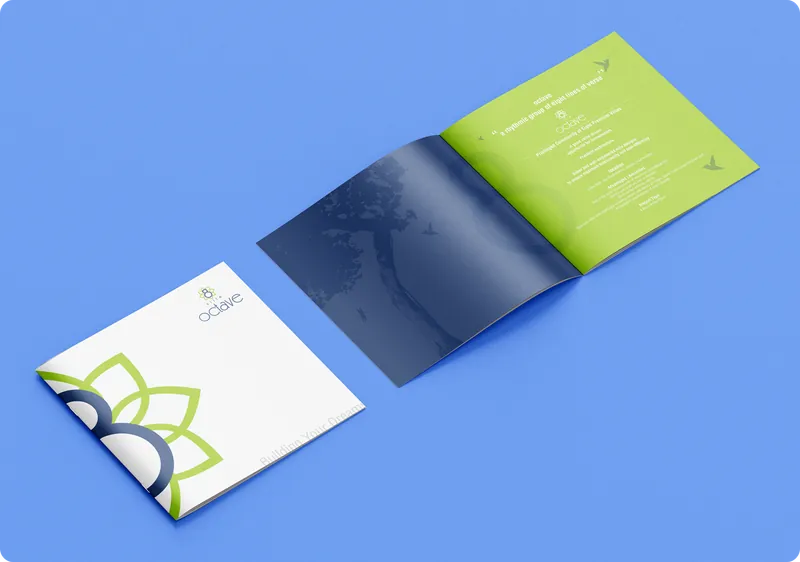 Villa OCTAVE square brochure with octave logo cover and open blue and green inner pages