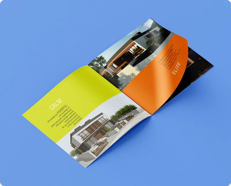 Villa OCTAVE brochure spread with villa photographs and orange and green panels