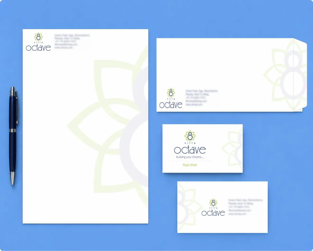 Villa OCTAVE stationery: letterhead, envelope and business cards with the octave logo