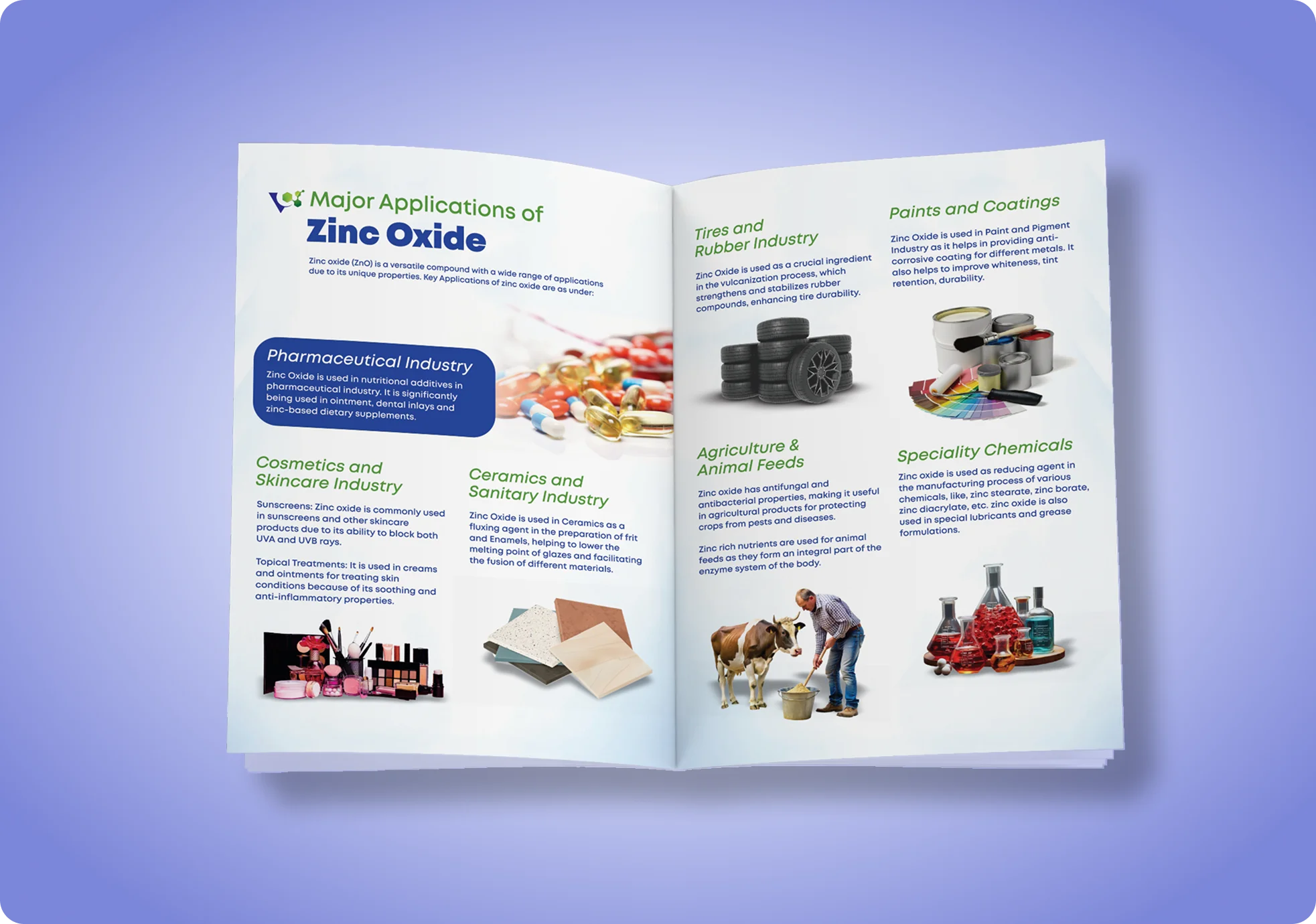 Viradhya brochure open pages showing applications of zinc oxide