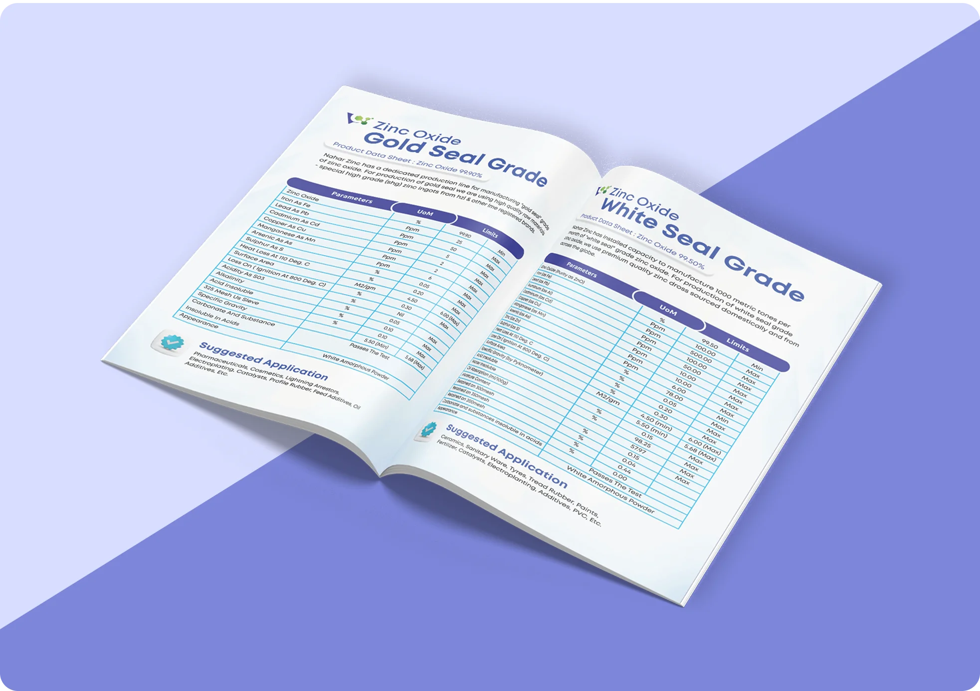 Viradhya brochure open pages showing grade specifications