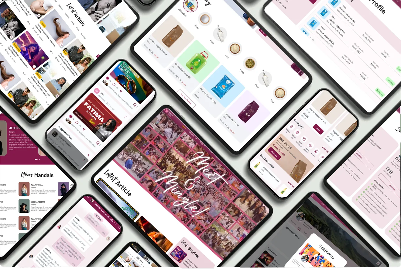 WSC app and website screens on phones and tablets: articles, shop, profile and Meet and Mingle event pages