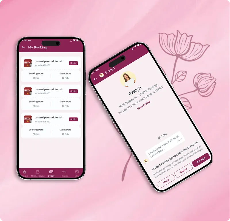 WSC mobile app My Booking screen and a message request screen